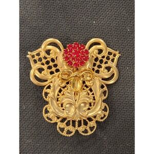 Vintage‎ Ornate Gold Tone Angel Brooch Red Rhinestones Signed Jane
